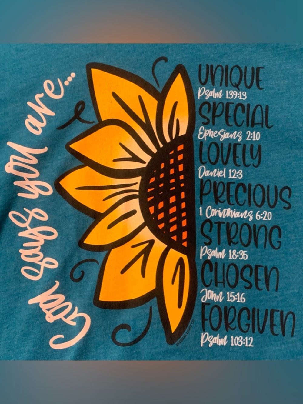 BNWOT Religious Teal Crewneck T-Shirt “God says you are …”